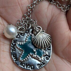 Cute Vintage " I LOVE YOU TO THE BEACH AND BACK" Silver Tone Pendant Necklace